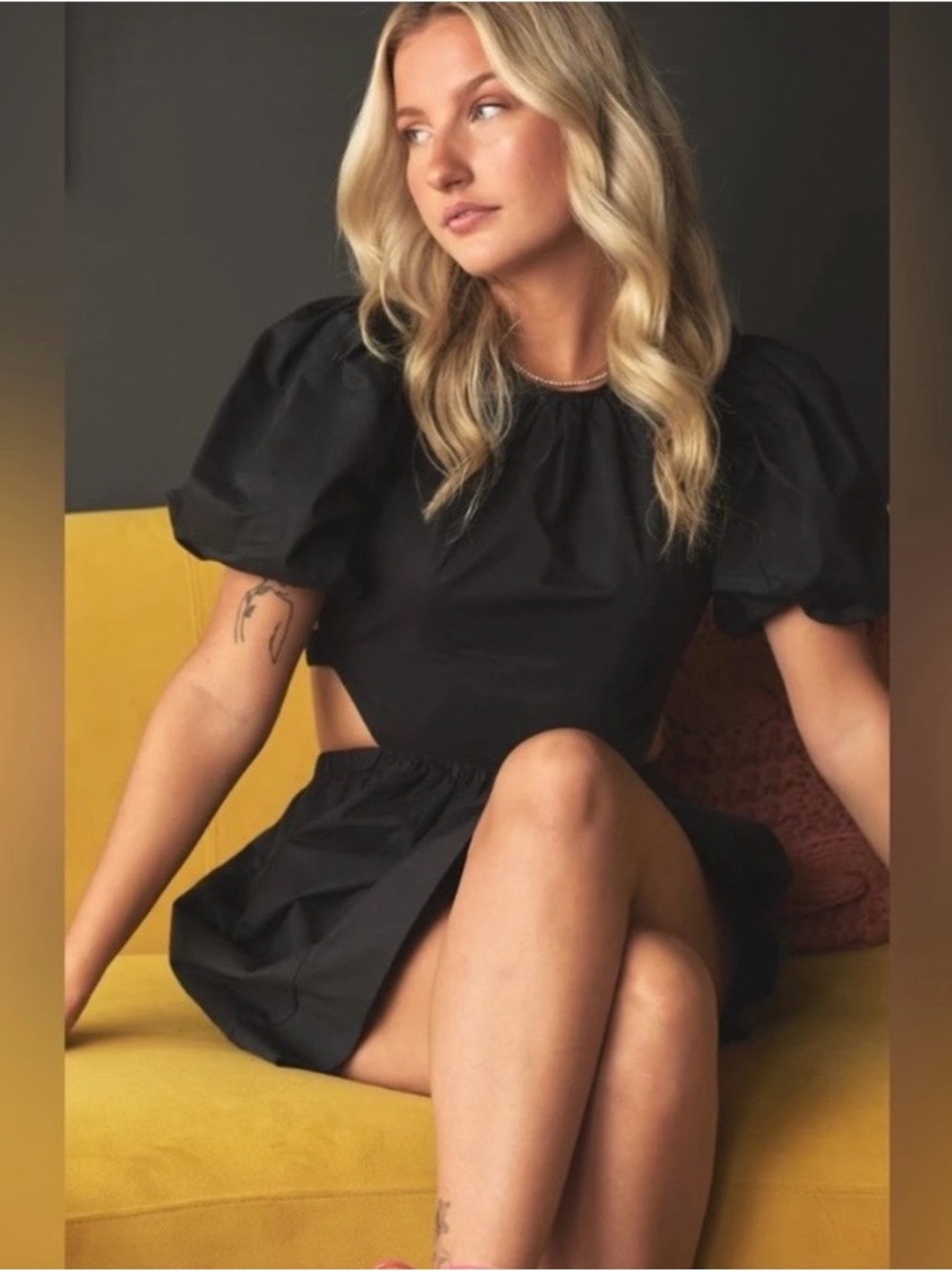 Viens Avec Moi Black Puff Sleeve Cutout Mini Dress